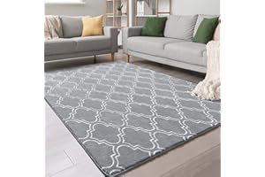 Chicrug Shag Geometric Modern Area Rug for Bedroom, 5x7 Feet Memory Foam Indoor Carpet, Fluffy Rug for Living Room Bedside Room Decor for Family Girls Kids Nursery Play Mat, Grey/White