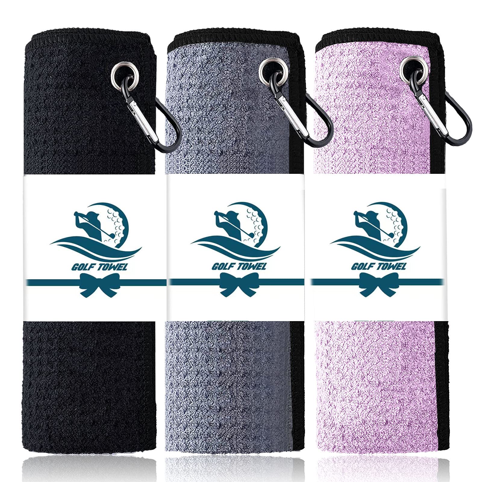 FINGER TEN 3 Pack Golf Towels Microfiber Waffle Pattern Tri-Fold 16“x16”with Heavy Duty Carabiner Clip, Golf Cleaning Towel Superior Water Absorption and Quick Dry for Men Women (Colorful)