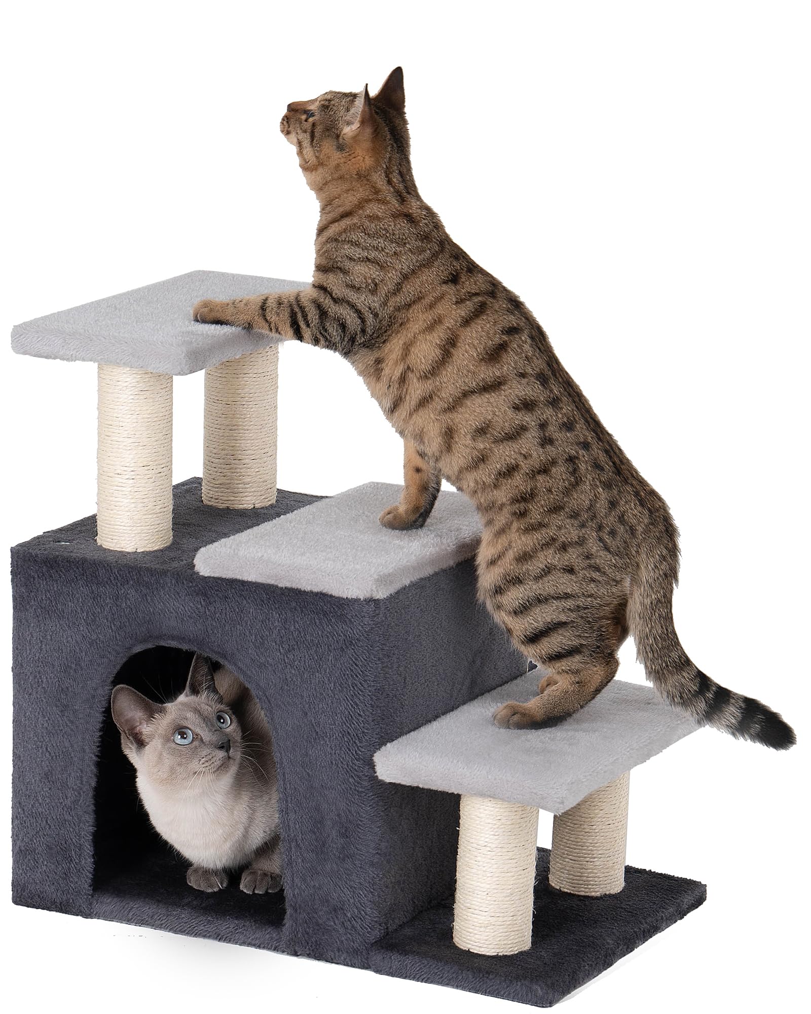Photo 1 of 3-in-1 Pet Stairs for Cats, Dog Steps for Small Doggie, 6.29''Depth Cat Stairs, Indoor Cat Ladders for High Bed for Pet's Joints,Soft Plush, 1 Cat Condo Cave, Sisal Scratching Posts, Grey, Medium