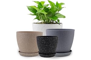 KPUVX Plant Pots Indoor with Saucers & Drainage 4 Pack Plastic Flower Pots for Indoor Plants-8.5/7.5/6.5/6 inches Sizes for All Different Types of Plants (White+Gray+Brown+Black)