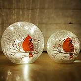 Crackle Glass Cardinal Lamp Battery Operated Globe Lamp for Women Stylish Cardinal Decor Ornaments Red Bird Pattern Stained Glass Mother's Day Gifts 2 Pack (6in & 5 in) (No Timer)