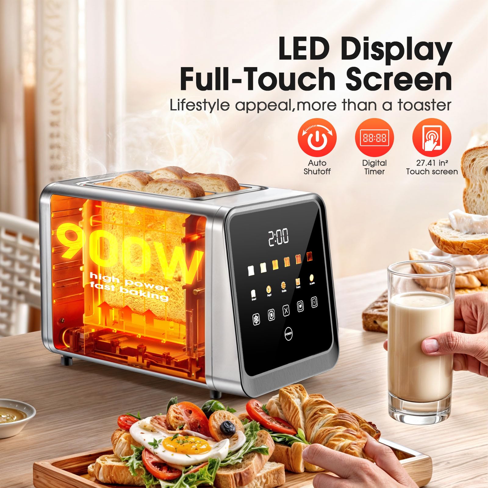 Tostadora con pantalla táctil de 2 rebanadas con ranuras de 1,5" de ancho y recuperación de memoria | Tostadoras digitales inteligentes de acero inoxidable de 900 W | 6 configuraciones de sombra para bagels y pan grueso