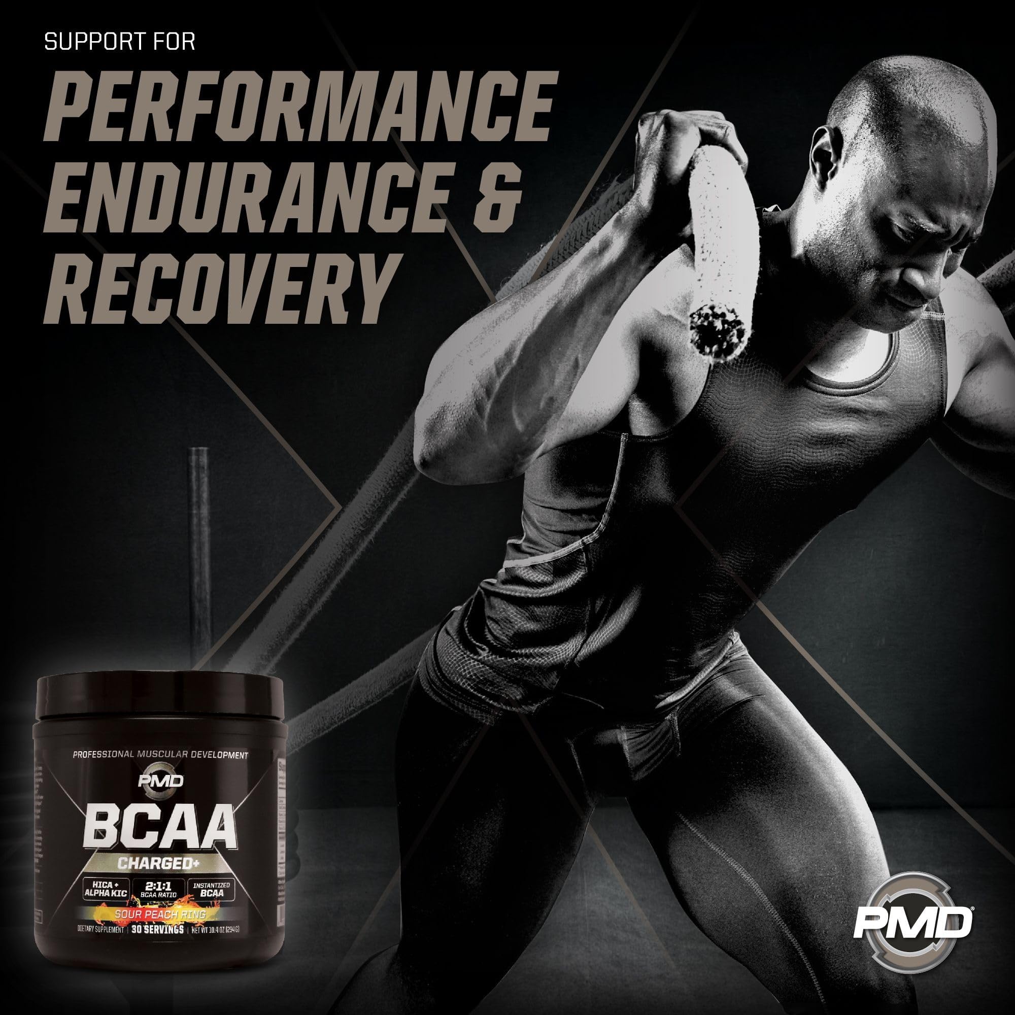 PMD Sports BCAA Charged Delicious Amino Acid Drink Mix for Performance and Recovery - Increase Muscle Function for Workout and Daily Energy - Sour Peach Ring (30 Servings)