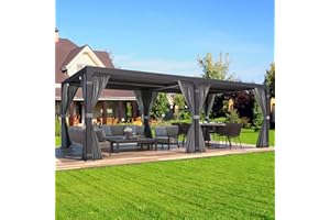 MELLCOM Aluminum Louvered Pergola - 10x20 with Adjustable Roof, Waterproof Curtains and Nets, Gray
