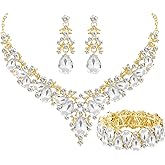 Elegant Bridal Wedding Jewelry Set for Women/Brides/Bridesmaids Teardrop Crystal Leaf Cluster Jewelry Set for Wedding Prom Party Bridal Bridesmaids Rhinestone Crystal Necklace Earrings Bracelet Set