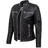 UrbanFocal Leather Jackets For Women - Quilted Cafe Racer Style Real Lambskin Womens Leather Jacket