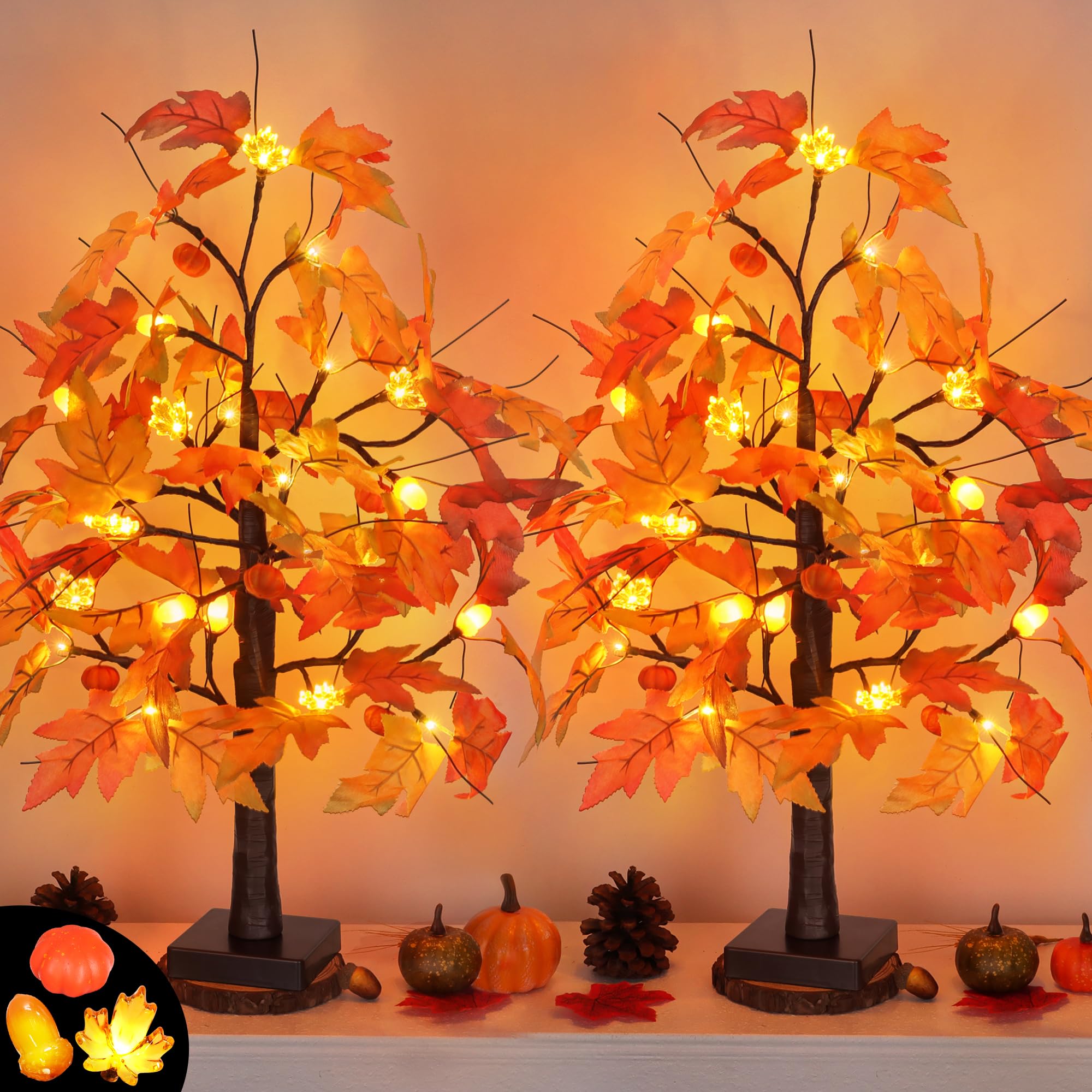 Photo 1 of *USED*
2 Pack 24 Inch Maple Tree Fall Thanksgiving Table Decorations with 48LED Battery Operated Lighted Tabletop Artificial Tree with Pumpkin Acorn Maple Fall Thanksgiving Decor Centerpieces Indoor for Home