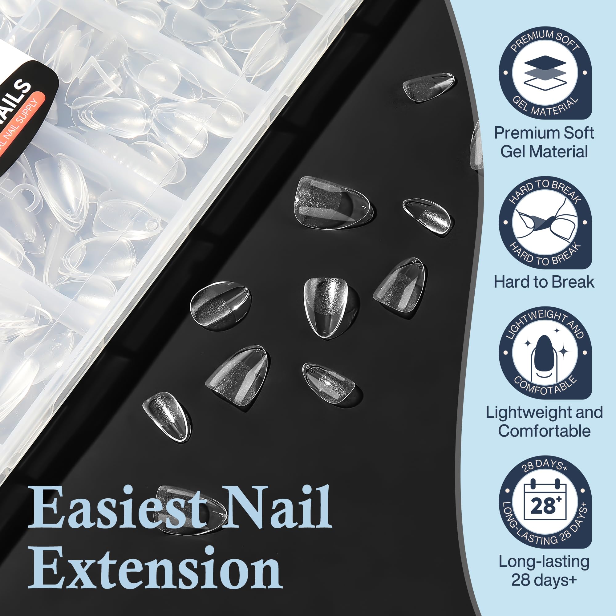 Luckyfairy Extra Short Almond Nail Tips, 240pcs Soft Gel Pre-Shaped Acrylic Fake Nails, Half Matte Full Cover Clear Gelly Press on Flase Nail Tips for Extension Nail Manicure Home DIY 12 Sizes - Image 5