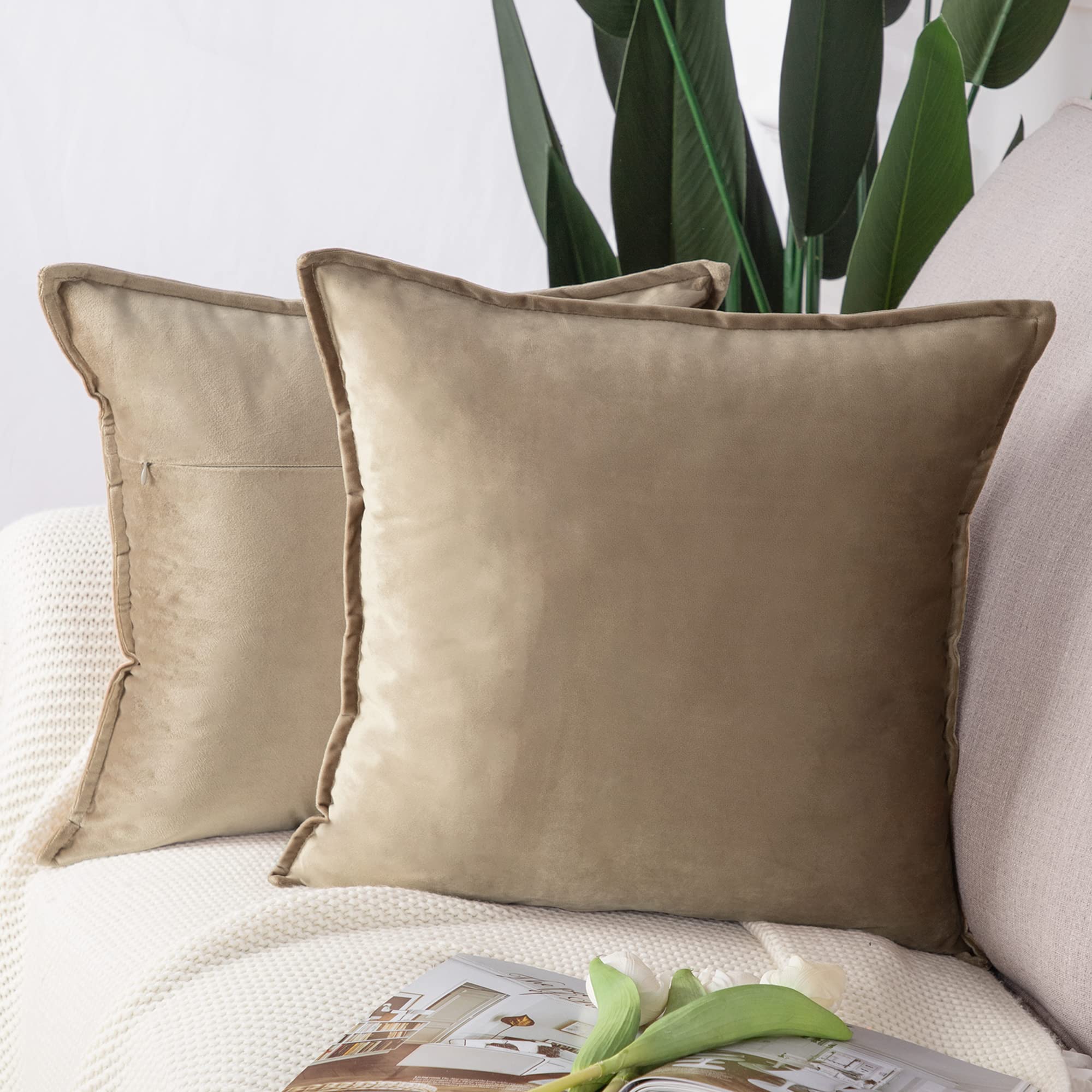 Madizz Pack of 2 Super Soft Velvet Decorative Cushion Covers with Fringe Luxury Style Cushion Case European Pillow Shell for Sofa Bedroom Square Light Brown 26x26 inch, 65x65 cm