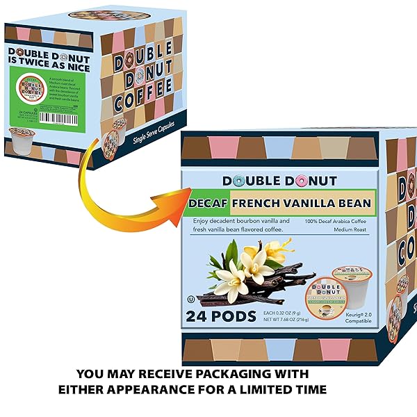 DOUBLE DONUT DECAF FRENCH VANILLA COFFEE PODS, MEDIUM ROAST SINGLE SERVE FRENCH VANILLA BEAN DECAF FLAVORED COFFEE PODS FOR KEURIG K CUP BREWERS, 24 COUNT