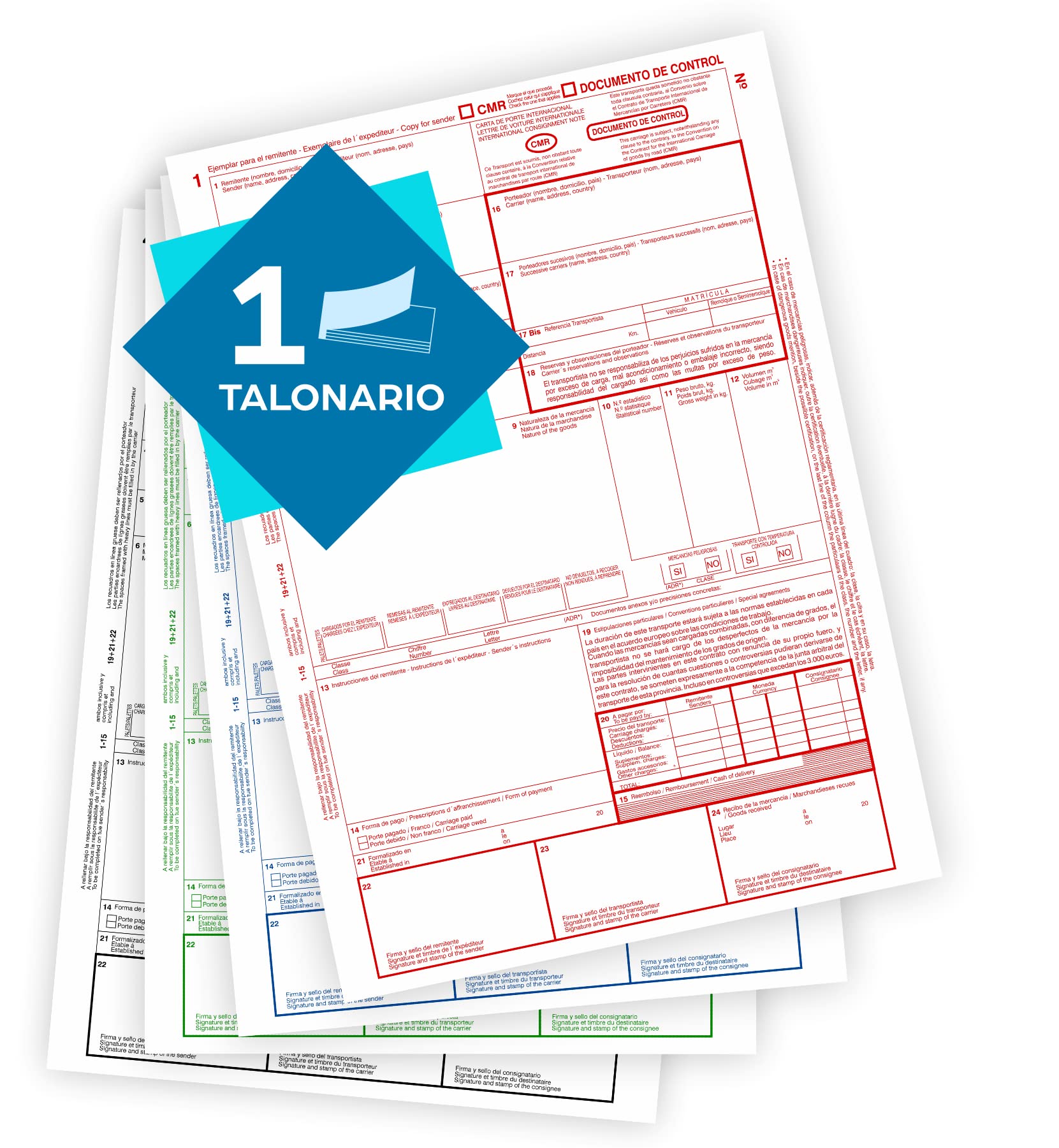 CMR - NOTEBOOK - International Transport - Autocopies - 4 Numbered Copy, Red, Blue, Green, Black