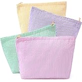 Sanwuta 4 Pcs Seersucker Makeup Bag for Women Stripe Cosmetic Bag Travel Toiletry Organizer Preppy Storage Pouch Valentines Galentines Gifts for Wedding Bridesmaid Mom(Pink, Green, Yellow, Purple)