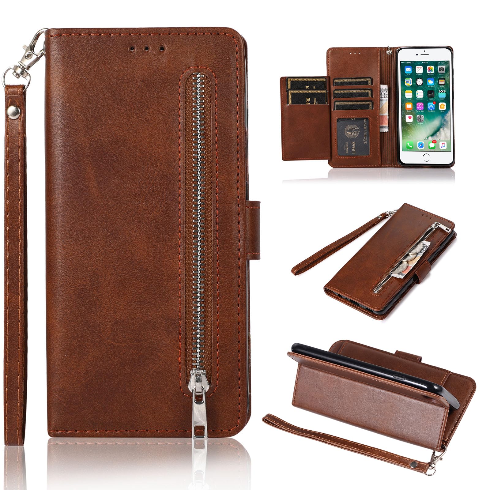 EYZUTAK iPhone 6 Case, iPhone 6S Wallet Case, 5 Card Slots Magnetic Closure Flip PU Leather Case with Wrist Strap, TPU Case for iPhone 6/6S - Brown