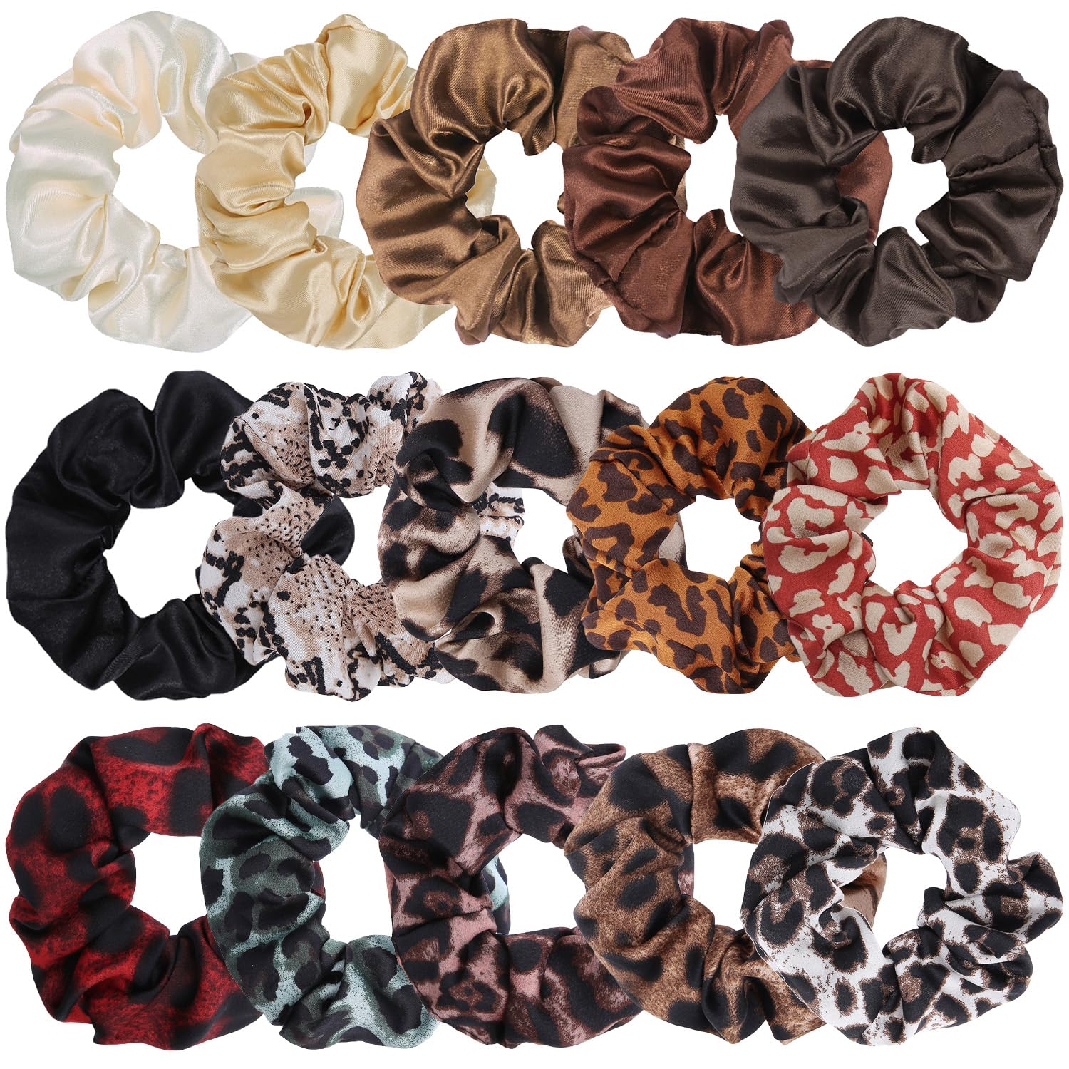SYEYCW 15 Pcs Hair Scrunchies for Women, Soft Thick Hair Ropes Bands, Elastic Satin Leopard Solid Color Scrunchies, Ponytail Holder Scrunchy Hair Ties Hair Accessories, for Girls and Ladies
