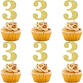 30 PCS Number 3 Cupcake Toppers Glitter 3rd Birthday Cupcake Picks Age Three Cheers to 3 Years Old Cake Decorations for Baby Shower Kids Happy Third Birthday Anniversary Party Supplies Gold