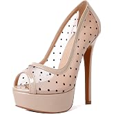 AUMOTED Women's Peep Toe High Heel Platform Stiletto Pumps Slip On Patent Mesh Polka Dot Heels 5.5" Party Wedding Dress Shoes