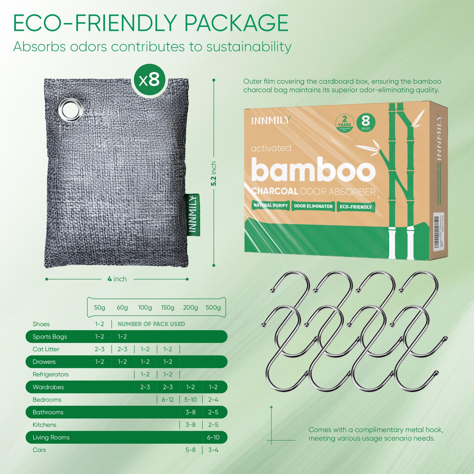 Activated Charcoal Odor Absorber, 8 Pack w Hooks Nature Odor Eliminator for Strong Odor, Bamboo Charcoal Air Purifying Bags, Moisture Absorbers for Fresh Home Car Closet Pet, Smoke Smell Deodorizer