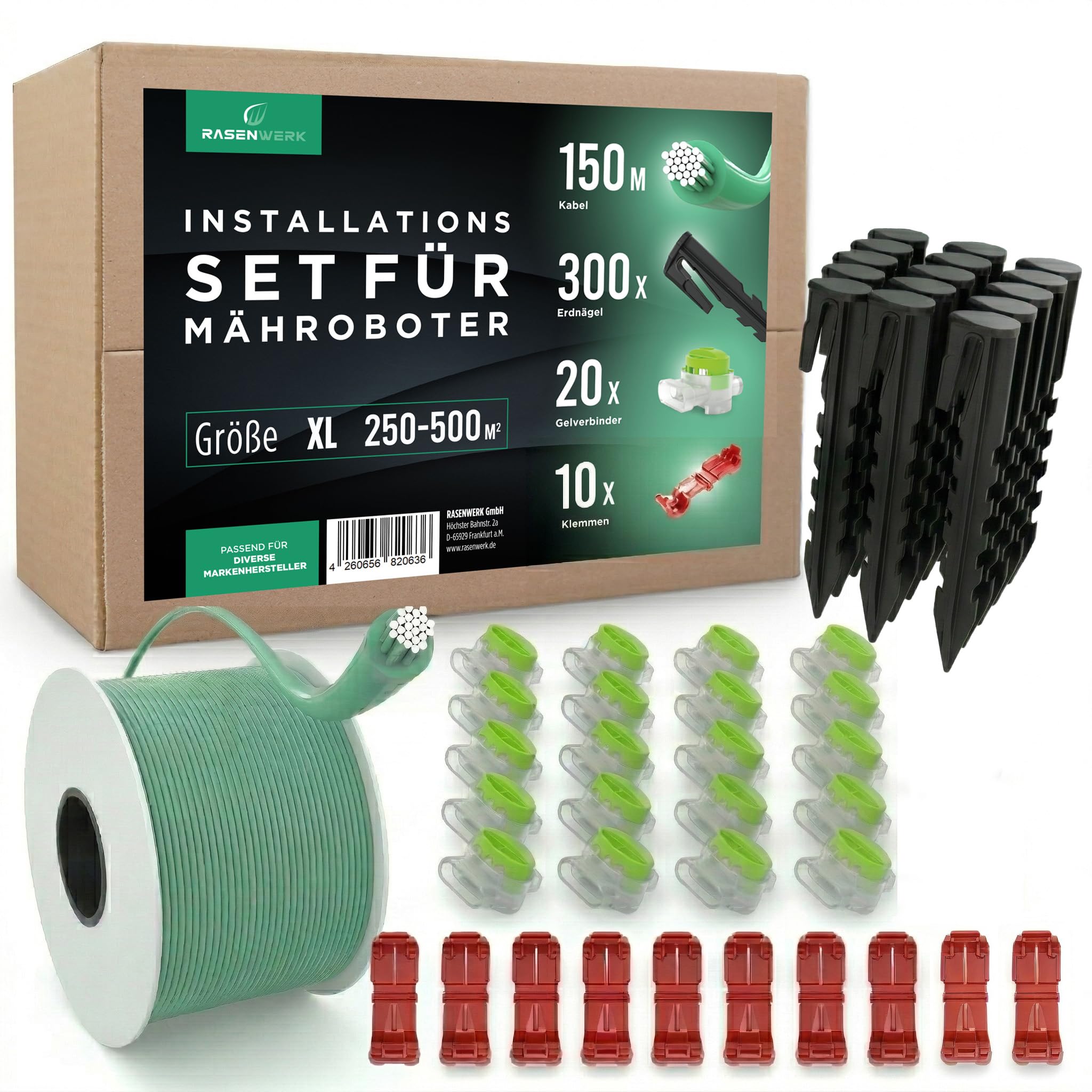 RASENWERK® Boundary Cable Installation Set for Robotic Lawnmower - 300 Pegs with Patented Shape - 20 Connection Clamps - 150 m Boundary Cable for Lawn Robots - 3 Connection Terminals