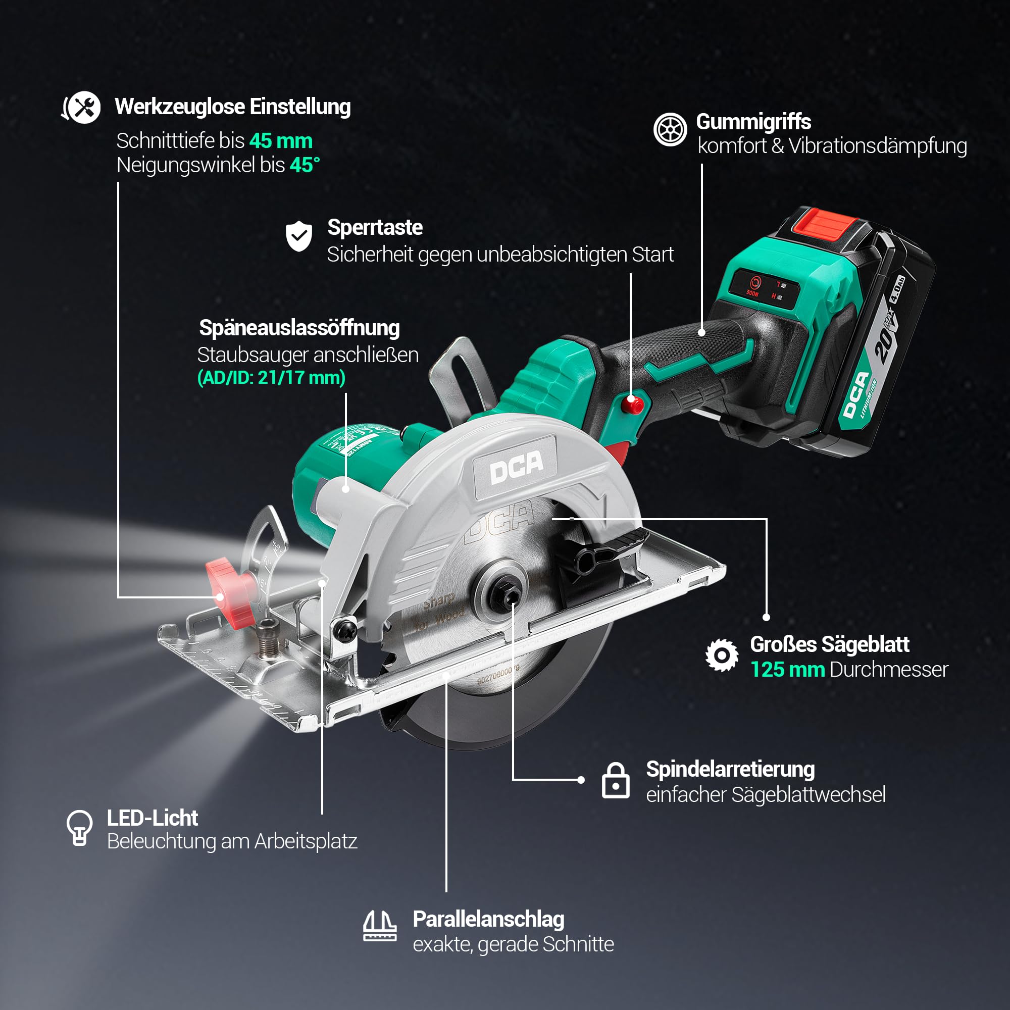 DCA Bürstenlose Akku-Handkreissäge 20V mit 4,0Ah Akku, 2-Gang 6700/4200RPM Kreissäge, 3 Sägeblatt Ø125mm mit Führungsschiene, 45mm(90°)/33mm(45°) Schnitttiefe, Mini Kreissäge für Holz, Plastik, PVC 5