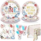 LADVCORP 170 Pcs Alice Onederland 1st Birthday Supplies Tea Party 1st Birthday Plates and Napkins Pink Onederland Tea Tableware Set for Girls' One Year Old Baby Shower Party Supplies, Serves 24