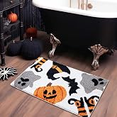 Aldopein Spooky Witchy Halloween Bath Mat 16''W x 24''L Microfiber Creepy Pumpkin Bats Ghost Witch’s Hat and Shoes Halloween Bathroom Mat Decor Non Slip Washable, Fun Gothic Shaggy Bath Rug Absorbent