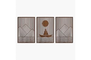 Mountains and Ship Wood Wall Art Decor, Mountain with Lines Geometric Wall Art, Set of 3 Large Wooden Wall Art, Rectangular W