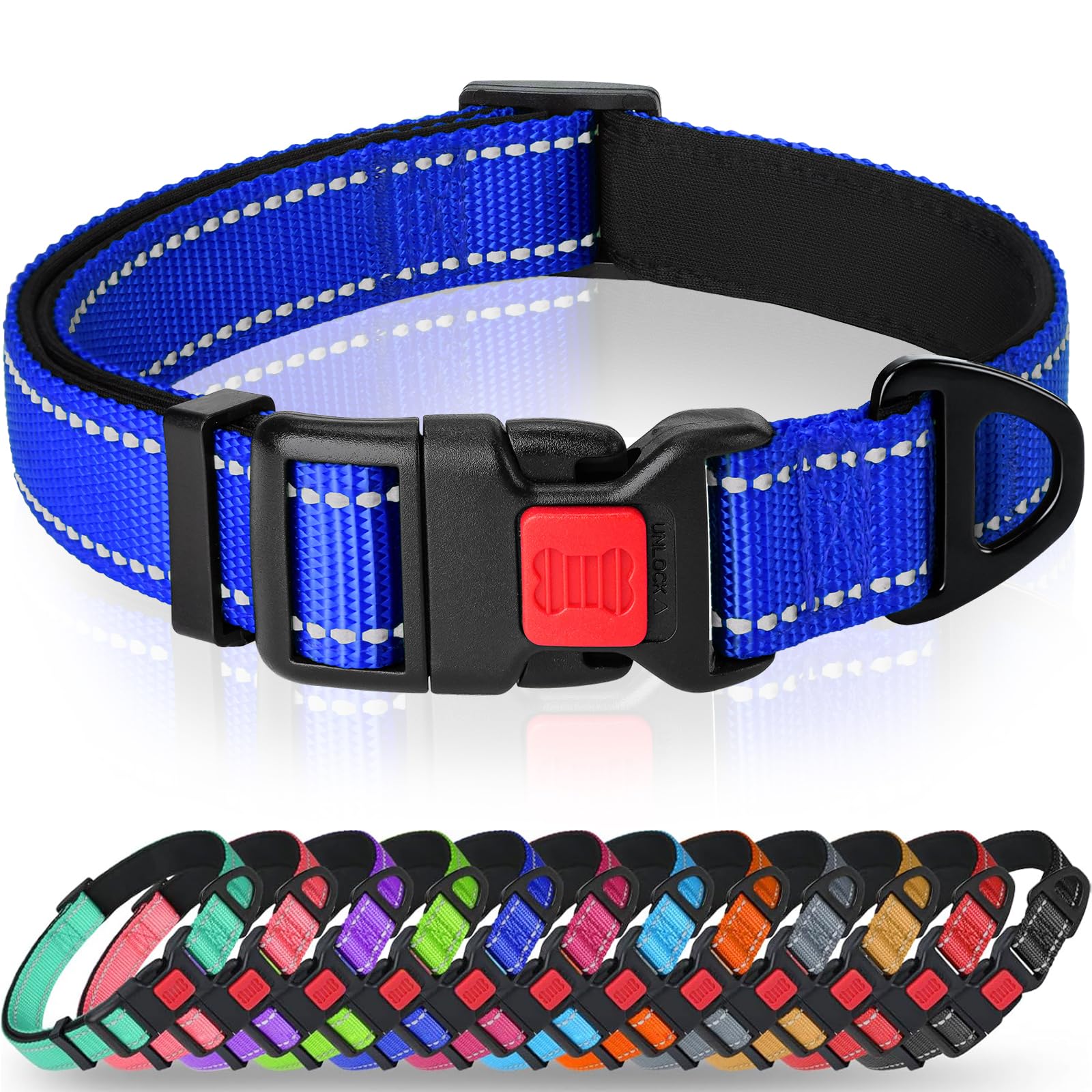 Taglory Reflective Nylon Dog Collar with Safety Buckle, Adjustable Pet Collars with Soft Neoprene Padding for Large Dogs, Navy Blue