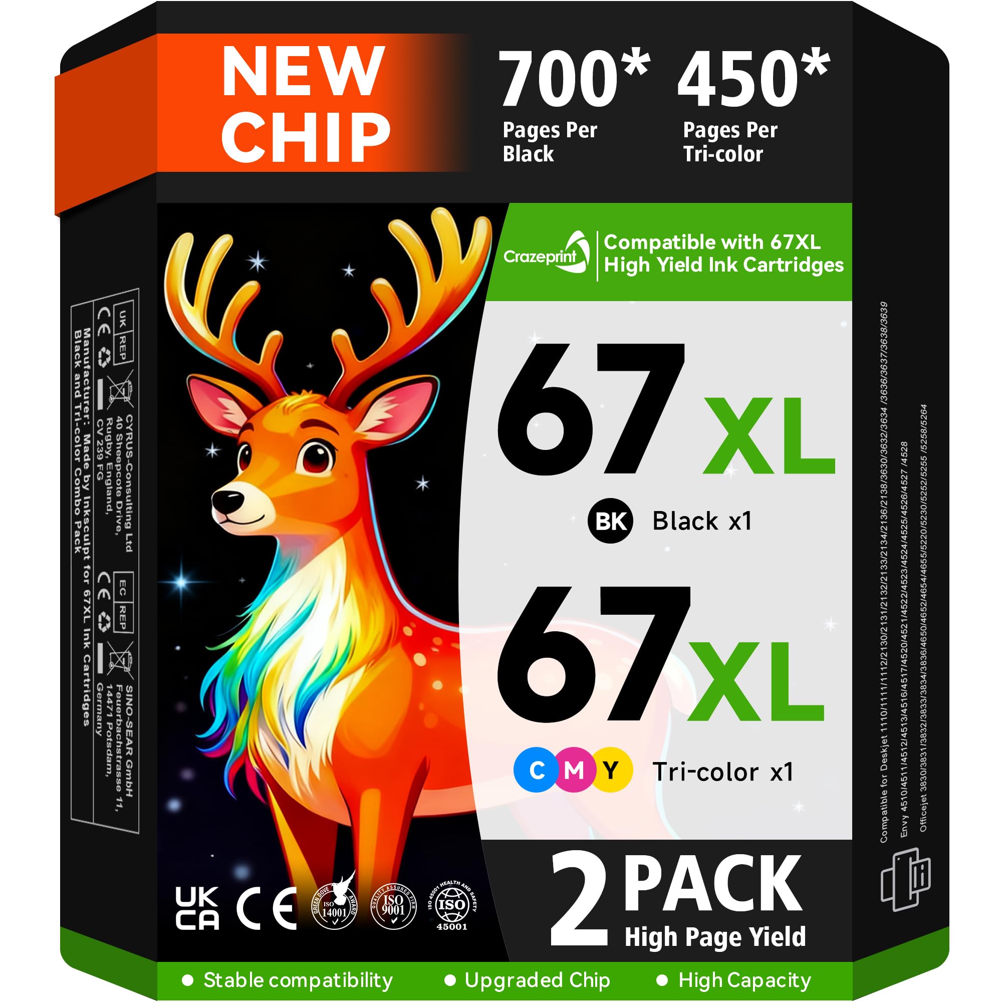 Photo 1 of 67XL Compatible for HP 67 Ink Cartridges Black/Color Combo Pack Works with HP Deskjet 2800e 2855e 2700 2700e 2755 2755e 2852e 4255e 2827e 4100e 4155e Envy 6000 6055e 6455e Printer (2-Pack)