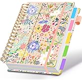 Spiral Journal Notebooks for Work, 300 Pages 5 Subject Notebook College Ruled with Dividers & Tabs, 8''x 10'' Large Notebook Journal for Women Students Note-Taking and Organizer (Beige Bloom)