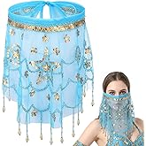 Women's Belly Dance Face Veil,Belly Dance Tribal Face Veil with Sequins for Halloween Costume Accessory, Party