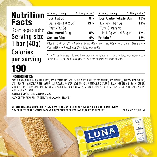 LUNA BAR – LEMONZEST FLAVOR – GLUTEN FREE SNACK BARS – NON-GMO – PROTEIN BARS – MADE WITH ORGANIC OATS – VALUE PACK (12 PACK)