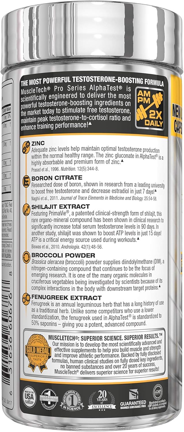 Testosterone Booster for Men | MuscleTech AlphaTest | Max-Strength ATP & Test Booster for Men, Boost Free Testosterone and Enhance ATP Levels, 120 Capsules: Health & Personal Care