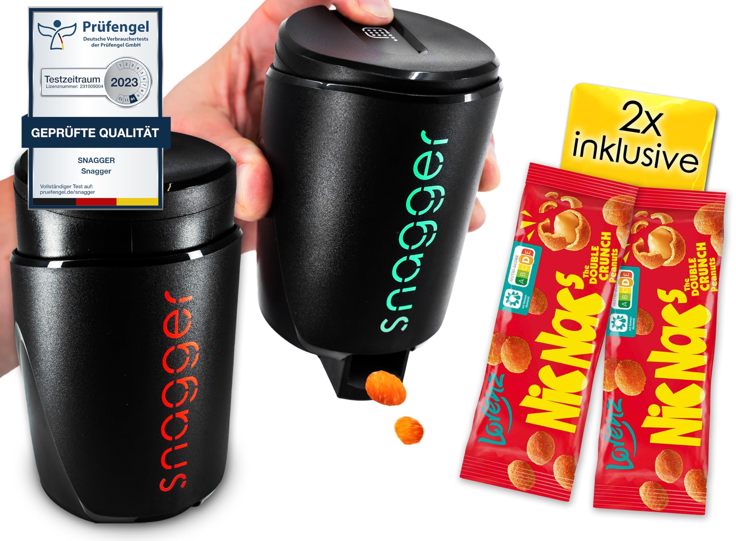 snagger Double Pack – The Snack Dispenser / Clean Hands When Snacking/Suitable for Peanuts, NicNacs, UVM/Gamer Gift, Gifts for Men Women, Nicnac Dispenser (Double Pack Black Edition)