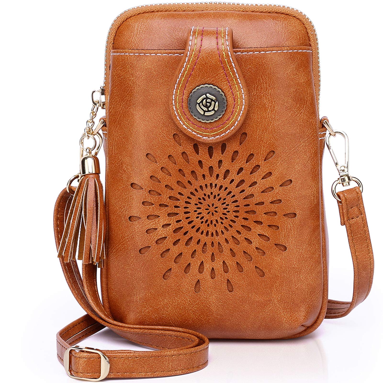 APHISON Designer Phone Bags for Women Crossbody, Sunflower Tassel Vegan Leather Small Crossbody Bags for Women fits Phone Up to 6.7 inches Brown