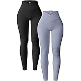 OQQ Women's 2 Piece Yoga Leggings Ribbed Seamless Workout High Waist Cross Over Athletic Exercise Leggings