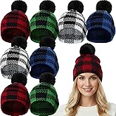 Christmas Winter Buffalo Plaid Cuff Beanie Hat Winter Warm Soft Stretch Pom Pom Hat Thick Chunky Knit Cap for Women Men