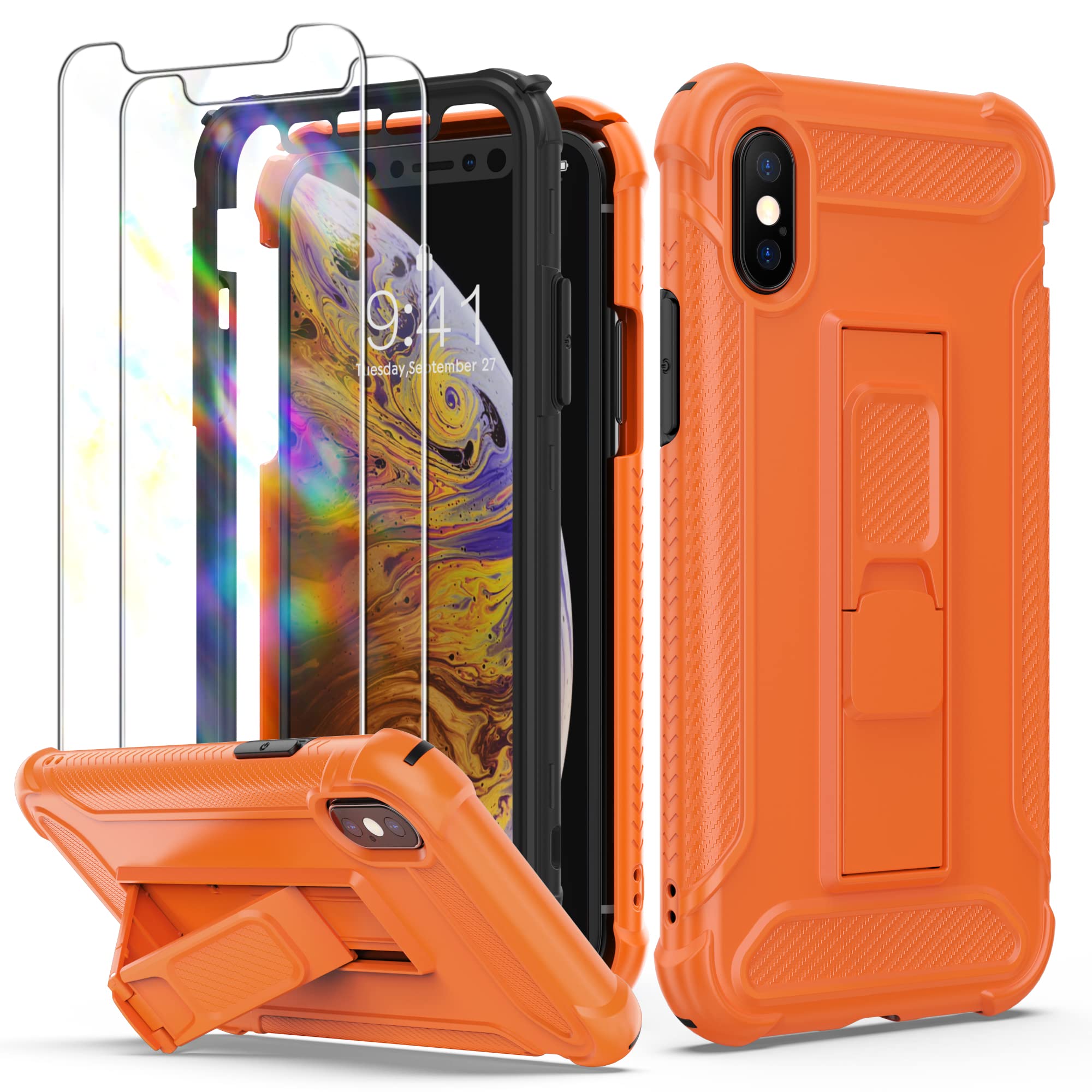 ORETECH Designed for iPhone X Case, and [2 x Tempered Glass Screen Protectors] [Heavy Duty Protection] [Kickstand & Phone Holder] Full Body Shockproof Protective Cover for iPhone XS - Orange — image 1