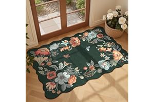 Dadasgk 2x3 Entryway Rug Dark Green Small Floral Rug, Vintage Boho Bathroom Door Mat Washable Non-Slip Soft Low Pile Thin Ind