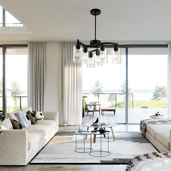 CNRATYE 6-LIGHT MODERN FARMHOUSE BLACK CHANDELIER, CONTEMPORARY DINING ROOM LIGHT FIXTURE, ADJUSTABLE HEIGHT HANGING INDUSTRIAL PENDANT LIGHTS KITCHEN ISLAND, CLEAR GLASS SHADE