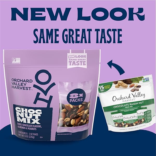 ORCHARD VALLEY HARVEST CHOC NUT MIX MULTIPACK, 1 OZ (PACK OF 8), DARK CHOCOLATE RAISINS, ALMONDS & PEANUTS, GLUTEN FREE, RESEALABLE BAG, NON-GMO, 4G PLANT BASED PROTEIN PER SERVING, ON-THE-GO SNACK