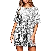 YISENRIY Women's Crew Neck Sequin Dress for Women Sexy V Neck Shirt Dress Sparkly Half Sleeve Loose Party Club Cocktail Dress