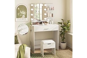 Vabches Small Vanity Desk with Mirror and Lights, Makeup Vanity with Storage Chair & Power Strip,Girl Dressing Table Set with Drawer for Bedroom,3 Lighting Modes,Brightness Adjustable,White