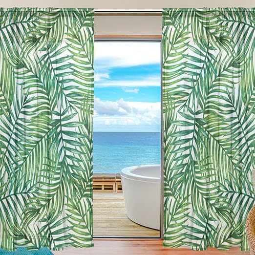 Amazon Com Wozo Summer Palm Leaf Window Sheer Curtain Panels 55 X
