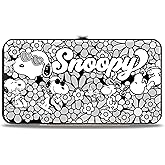 Buckle-Down Peanuts Wallet, Hinged, Snoopy Poses and Daisy Flowers Collage Black Grays White, Vegan Leather