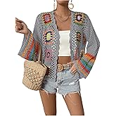 SHENHE Women's Floral Crochet Cardigan Hollow Out Open Front Long Sleeve Cardigan Sweater