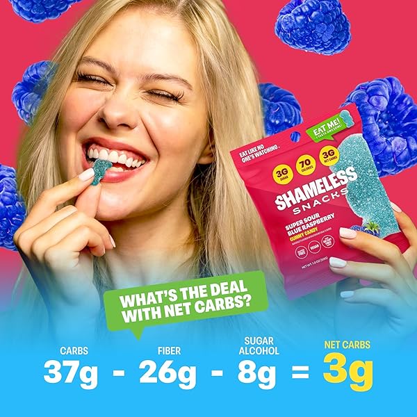 SHAMELESS SNACKS – HEALTHY LOW CALORIE SNACKS, LOW CARB KETO GUMMIES (GLUTEN FREE CANDY) – 6 PACK SOUR BLUE RASPBERRY