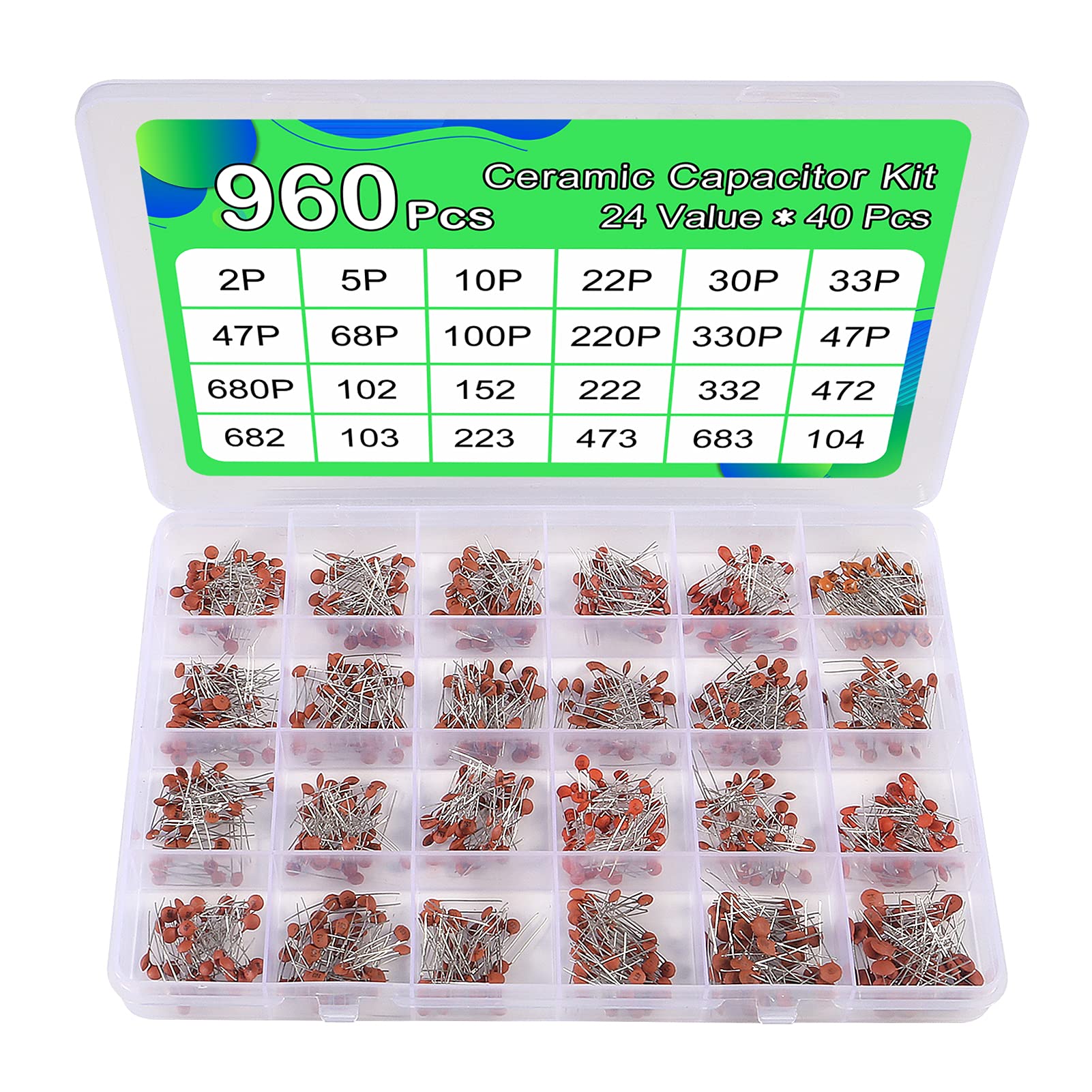 AOICRIE 960PCS Ceramic Capacitor Assortment Kit, 24 Types Capacitors Range 2pf to 0.1uf with Storage Box for Hobby Electronics, Audio-Video and Car Repair