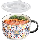 Chubacoo Jumbo Ceramic Soup Bowl with Lid, Microwave Safe - Pattern C | Soup Mug with Big Handle for Ramen Cereal Breakfast Meal Prep Office Lunch Dorm Living - 38 oz Extra Large Food Container