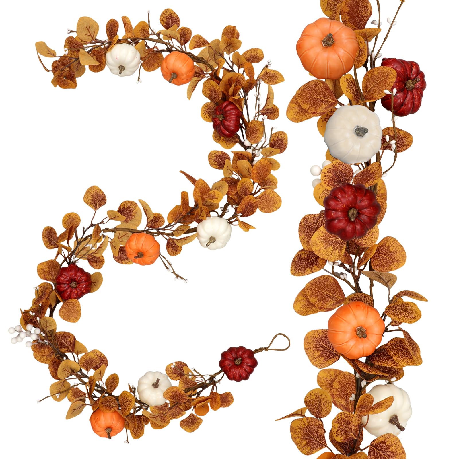 Photo 1 of 6ft Long Thanksgiving Artificial Garland with Pumpkin Autumn Mixed Eucalyptus Garland Farmhouse Hanging Rustic Fall Wreath Decor for Front Door Kitchen Fireplace Home Indoor Outdoor