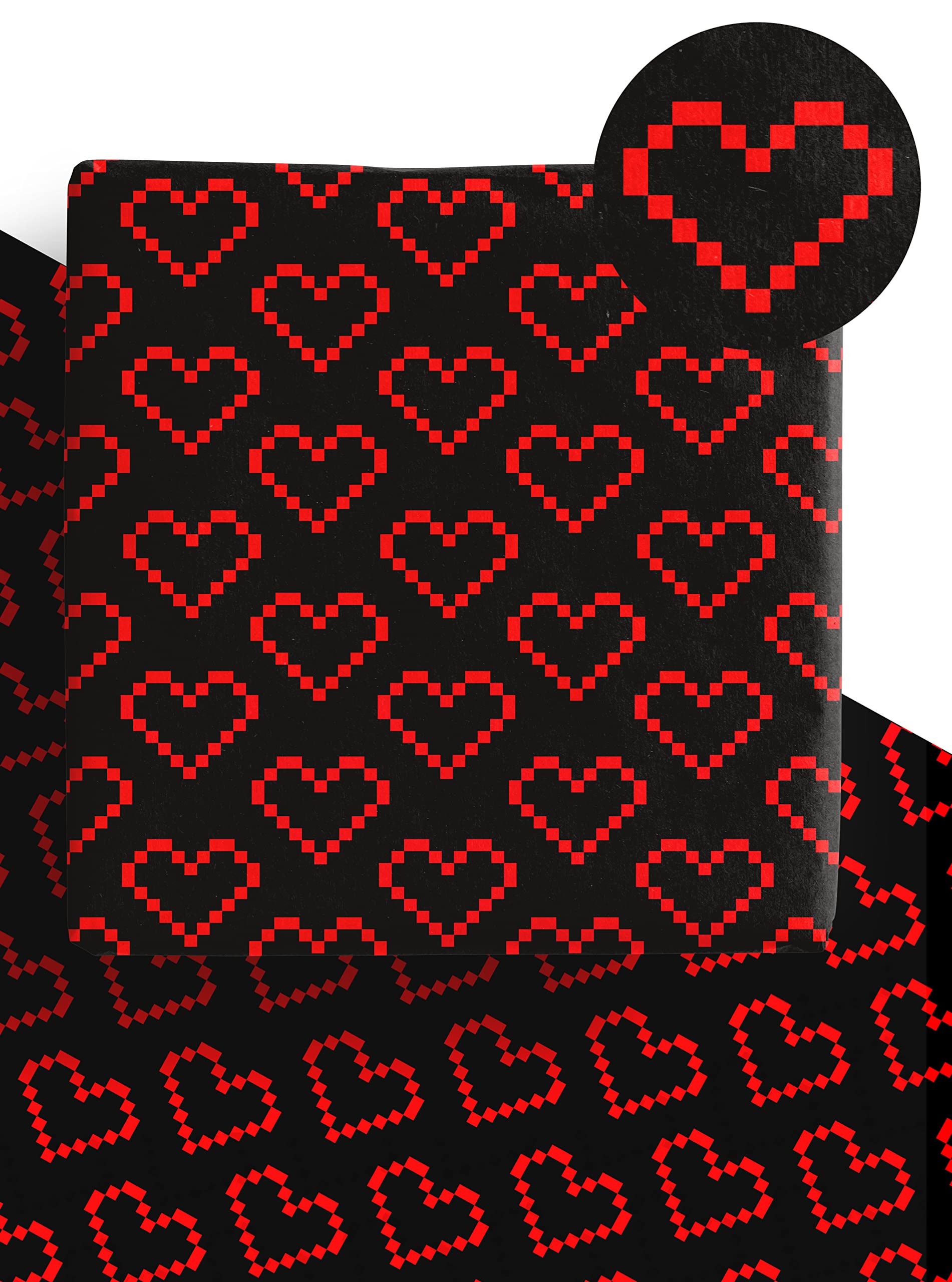 Retro Love Heart Wrapping Paper - 4 x Premium Recyclable Computer 80s Pixel Heart Gift Wrap Sheets - 70cm x 50cm each - Perfect for Valentine's Day, Father's Day, Anniversary, Wedding & more
